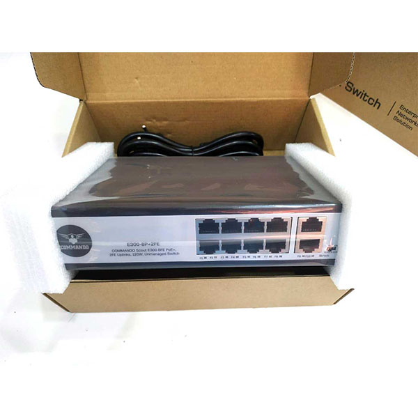 Switch COMMANDO Scout E300-8P+2FE – 8 ports PoE+, 130W, plug & play